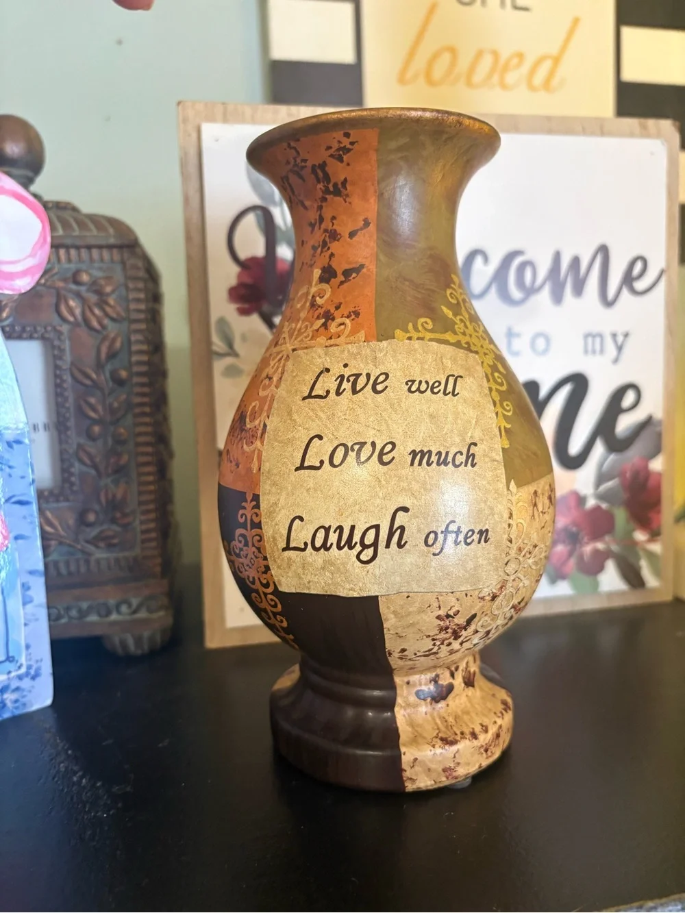 Decorative 'Live well, Love much, Laugh often' Brown & Gold Accent Vase